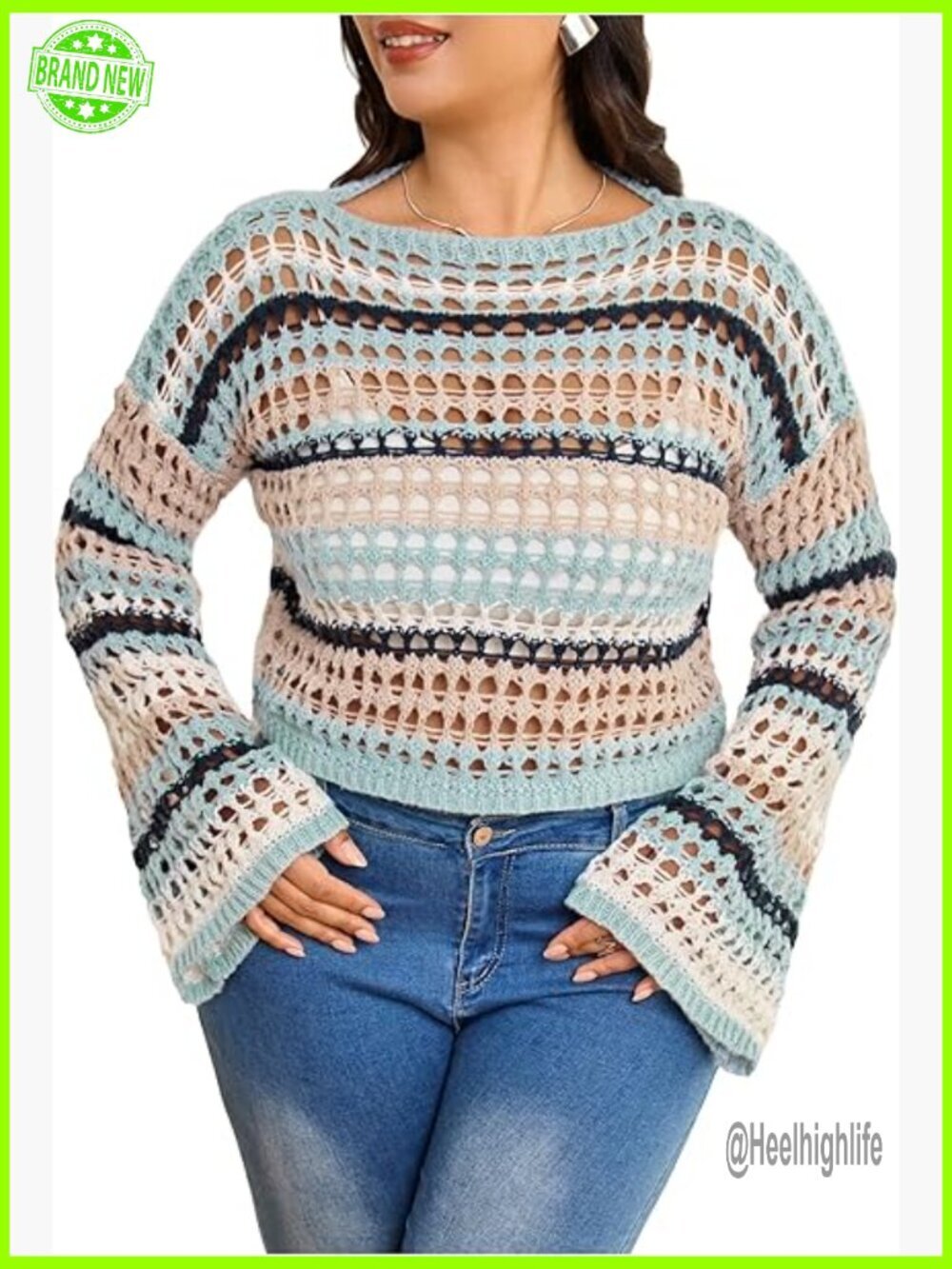 Plus Size Crochet Pullover Sweater with Hollow Out Bell Sleeves